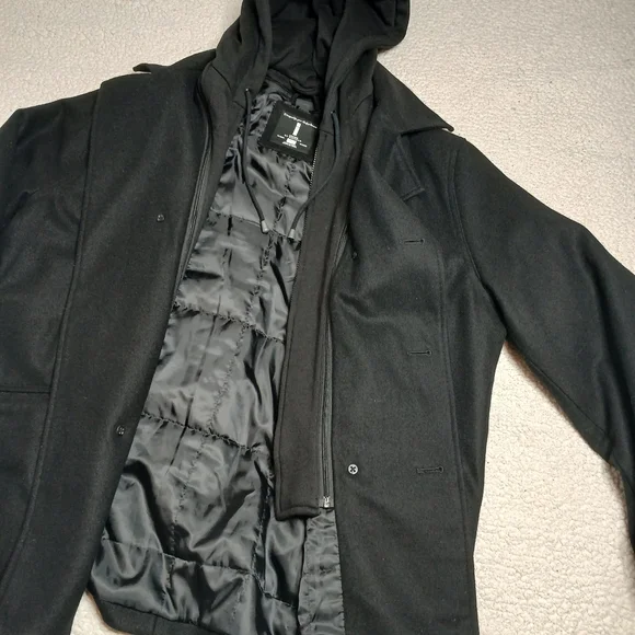 Black Wool Peacoat Hooded Coat XXL Double Breasted